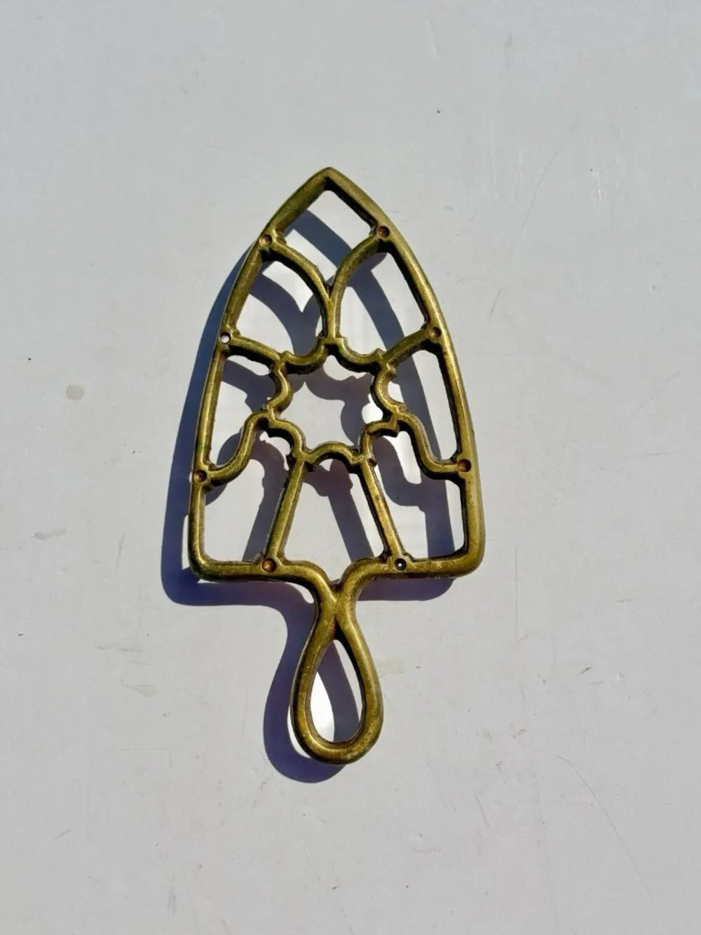 Brass Trivet Vintage Geometric Cast Brass Footed Flat Iron Triangle ‘Flatwheel’